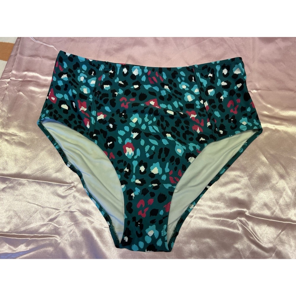 Latched Mama Women's Teal Leopard Print Lined Swim Bottom Size S